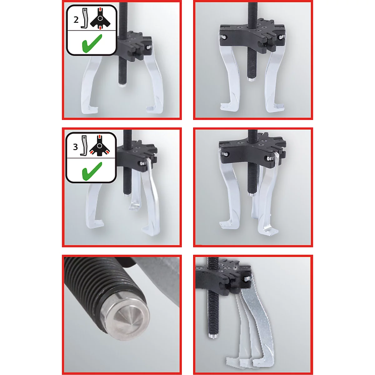 Mehrere Ansichten eines Dreifuß-Abziehers mit detaillierten Aufnahmen verschiedener Funktionsweisen. Die Abbildung zeigt zudem die Anwendung in verschiedenen Einstellungen.
